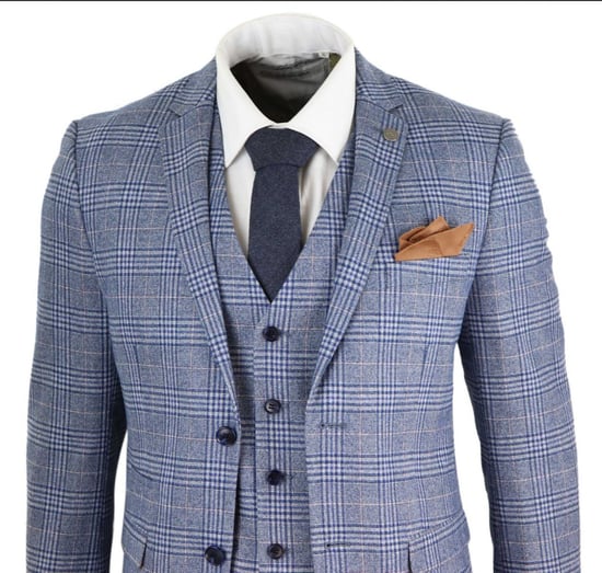 Mens 3 Piece Blue Grey Tweed Check Vintage Retro Suit - Image 6