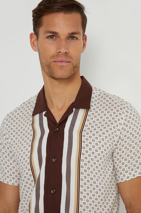 Brown 'Hallfield' Stripe Geo Print Revere Collar Short Sleeve Shirt
