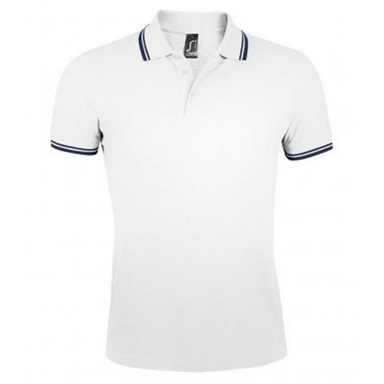 SOLS Mens Pasadena Tipped Short Sleeve Pique Polo Shirt (White/Navy) - Image 1