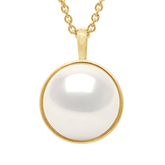 Necklace with Beaded Pendant Yellow Gold Surroundings Sleek - Real Cultured Freshwater Pearl Button 10-11 mm