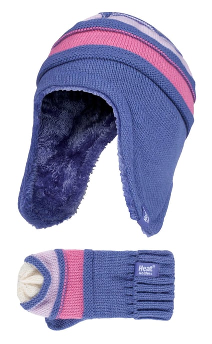 Heat Holders - Kids Girls Winter Warm Fleece Lined Cable Knitted Thermal Beanie Hat and Mittens with Ear Flaps - LS1P10 - Image 1