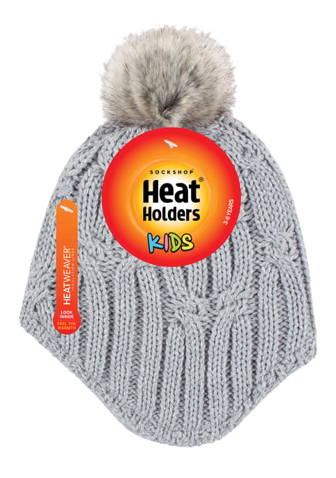 Heat Holders - Kabelstickad mössa för flickor med Pom Pom Bobble för vintern | Varm värmeisolerad mössa - Molngrå - Image 2