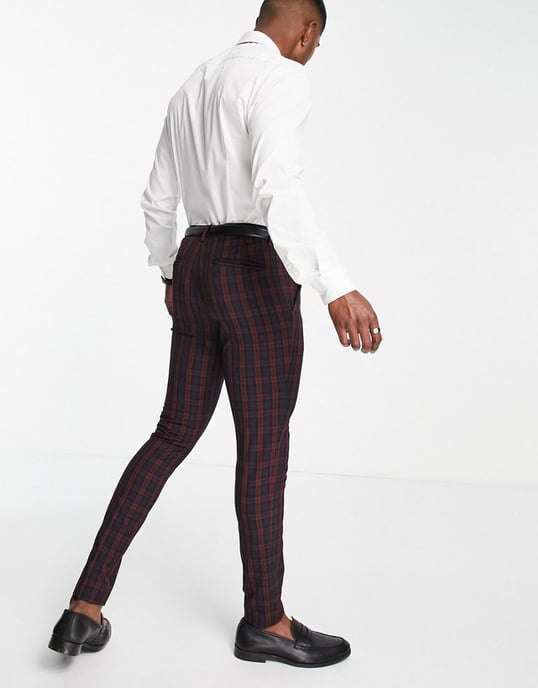 ASOS DESIGN wedding super skinny suit trousers in burgundy tartan-Red - Image 3
