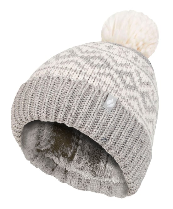 Ladies Patterned Turnover Bobble Hat | Heat Holders | Chunky Cable Knit with Heatweaver Fleece Lining | Billingen Style - Light Grey - Image 1