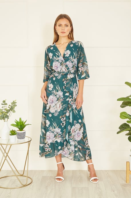 Teal Floral Wrap Midi Dress With Frill