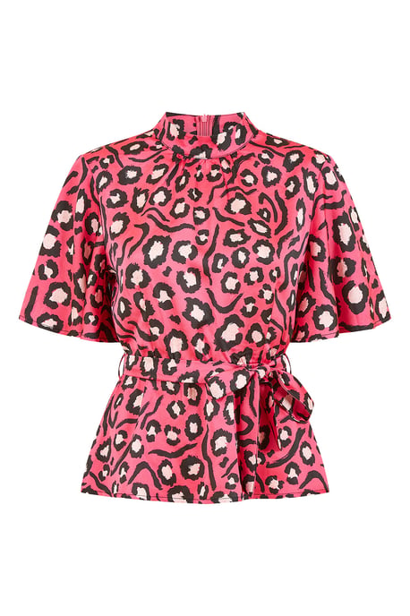 Pink Animal Print Belted High Neck Top