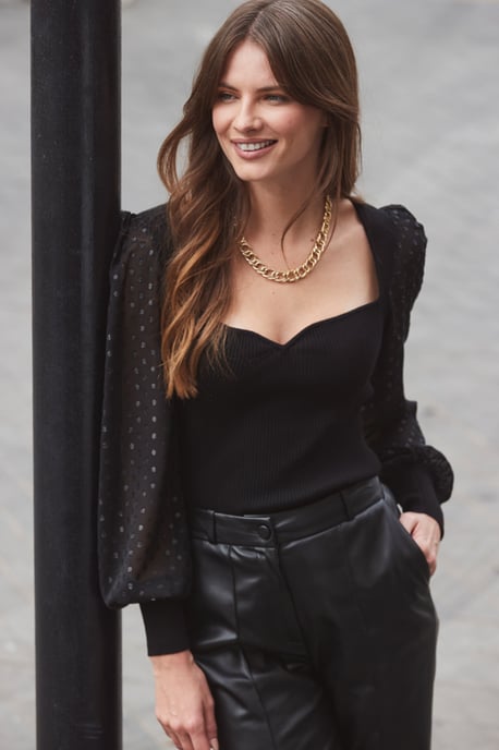 Black Polka Dot Sheer Sleeve Sweetheart Neckline Jumper