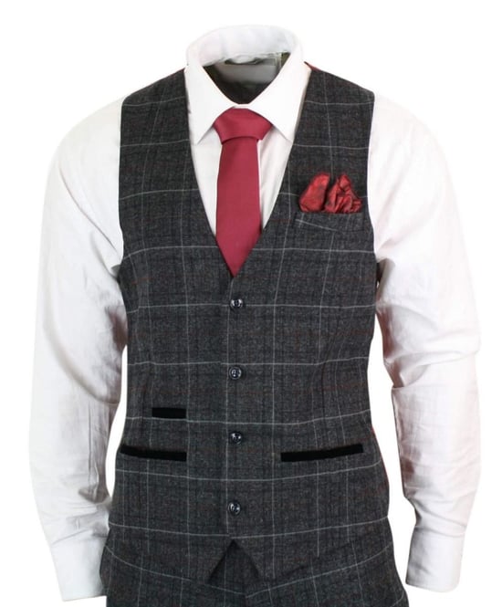 Mens 3 Piece Charcoal Grey Tweed Check Vintage Retro Suit - Image 2