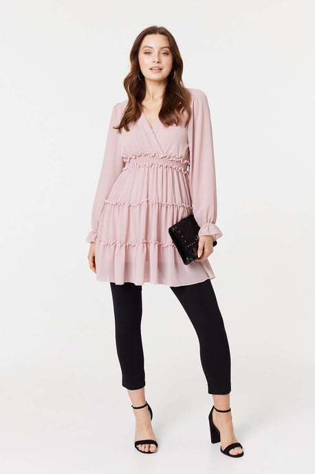 Pink Lace Detail Long Sleeve Mini Dress