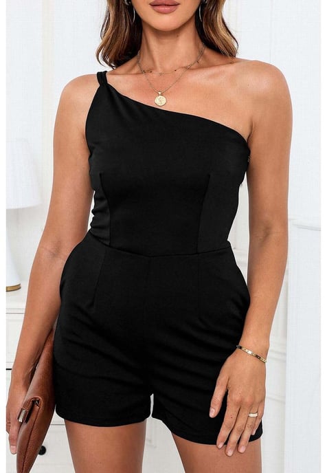 Women's One Shoulder Side Pocketed Romper in Black - Image 4