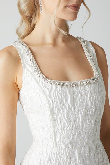 Jacquard Full Skirted Mini Dress With Jewel Trim
