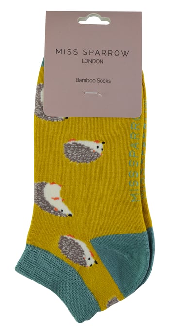 Ladies Bamboo Trainer Socks | Miss Sparrow | Breathable Low Cut Socks for Women - Hedgehogs (Yellow) - Image 2