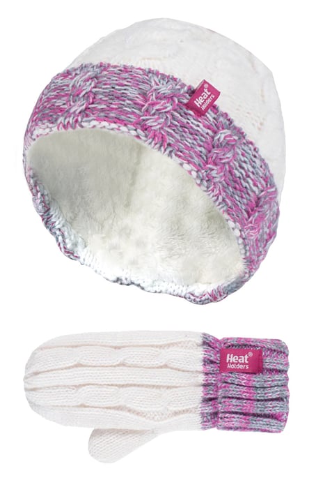 Heat Holders - Kids Girls Fleece Lined Knitted Striped Colourful Winter Thermal Hat and Mittens Set - SC2P12 - Image 1