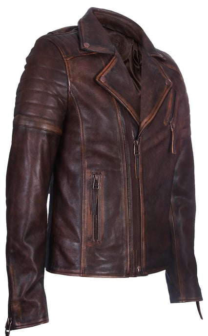 Brando-style slim-fit leather biker jacket with cross zipper
