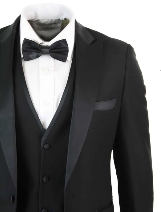 Heren 3-delige Zwarte Tuxedo Pak Klassiek Satijnen Diner Tailored Fit Bruiloft Prom - Image 4