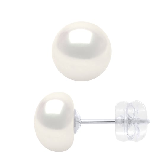 Earrings White Gold - Real Cultured Freshwater Pearls Button 8-9 mm