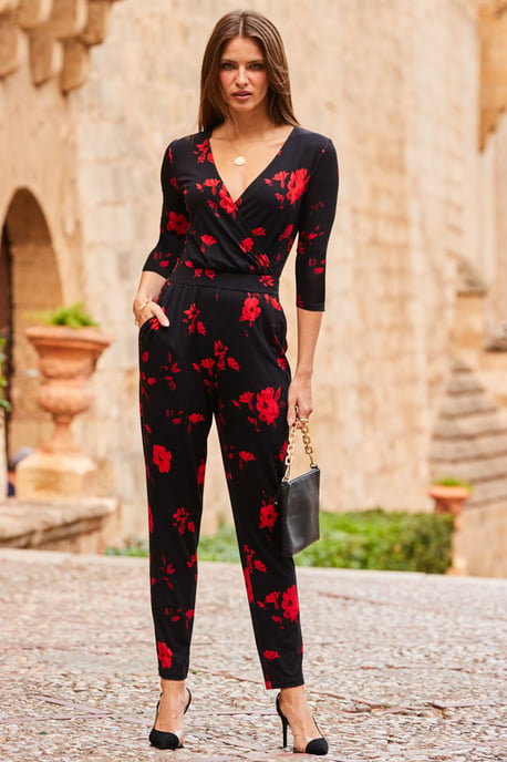 Red Floral Print Tapered Leg Jumpsuit