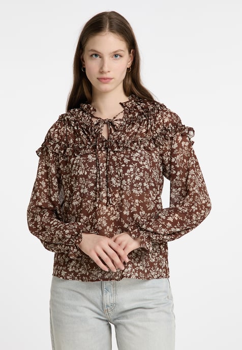 Dreimaster Blouse met ruches bridgeport Dames Donkerbruin wit - Image 3