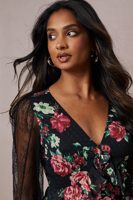Floral Lace Sleeve Ruffle Front Midi Dress