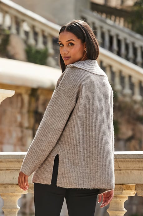 Natural Rib Knit Half Zip Longline Jumper