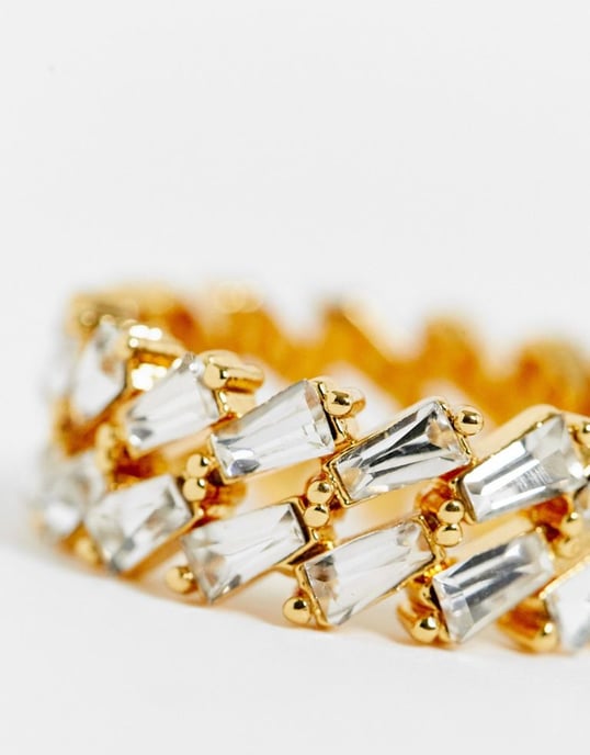 ASOS DESIGN 14k gold plated ring with diagonal baguette crystals