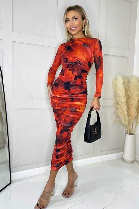 Red Printed Mesh Long Sleeve Bodycon Midi Dress Red Printed Mesh Long Sleeve Bodycon Midi Dress