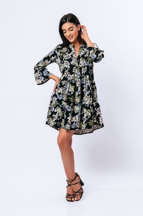 Khaki, ecru en blauwe bloemenjurk met klokmouwen - Image 5