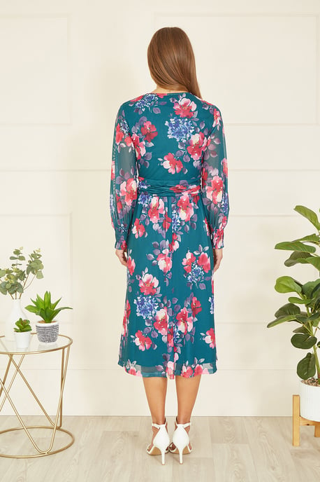 Green Floral Print Stretch Mesh Dress With Pockets