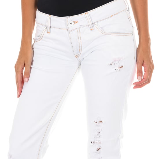Long denim pants with ripped effect and narrow hems E014152 woman