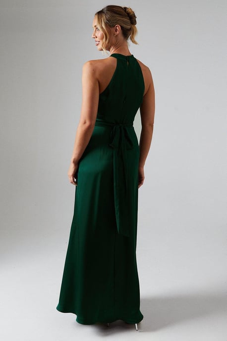 Wrap Waist Detail Satin Halter Neck Bridesmaids Dress - Image 3
