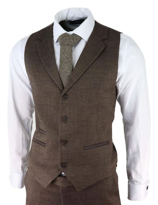 Mens Brown 3 Piece Tweed Herringbone Suit Peaky Blinders Classic Tailored - Image 5