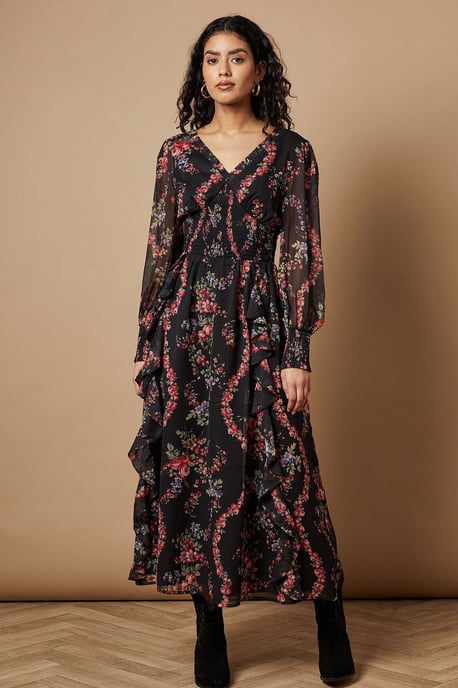 Petite Floral Printed Ruffle Detail Shirred Waist Midaxi Dress