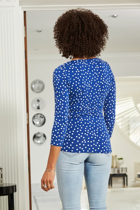Blue & White Spot Print Ruched Neck Jersey Top