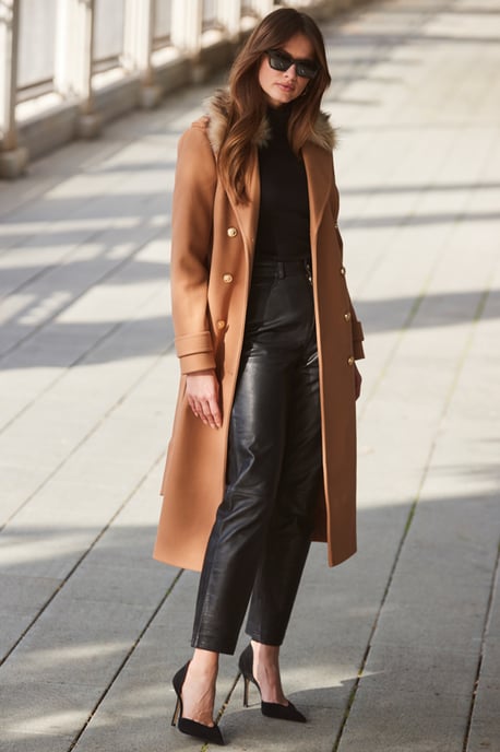 Camel Longline Faux Wool Trench Coat with Faux Fur Collar
