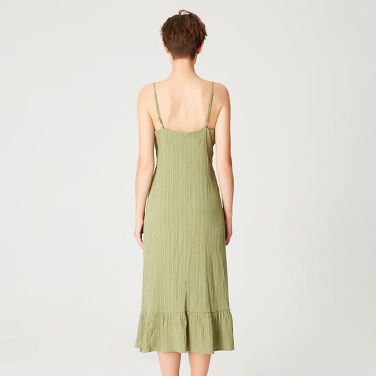 Trapeze midi dress with drawstring and thin shoulder straps