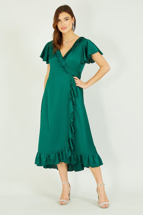 Yumi Green Satin Wrap Midi Dress