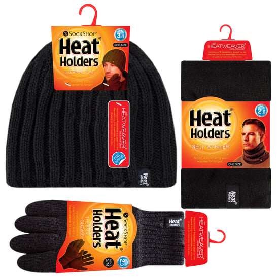 Mens Hat, Neck Warmer & Gloves Set | Heat Holders | Winter Knitted Warm Accessories Set - Black - Image 2