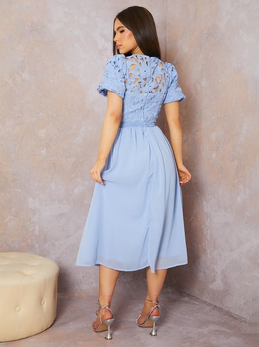 Puff Sleeve Premium Lace Midi Dress in Blue