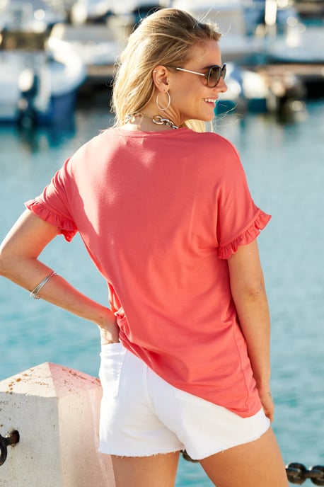 Coral Pink Ruffle Sleeve Jersey Top