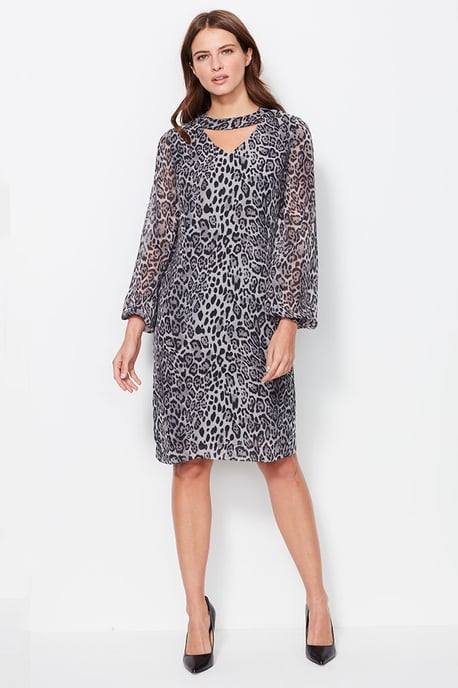Snow Leopard Print Long Sleeve Shift Dress