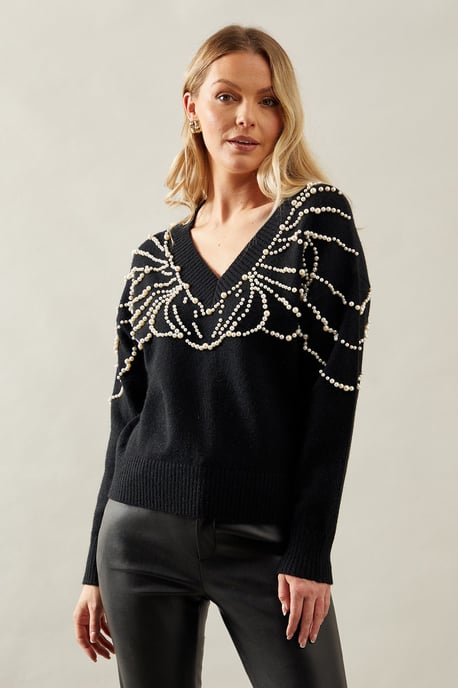 Pearl Embellished V Neck Knitted Jumper
