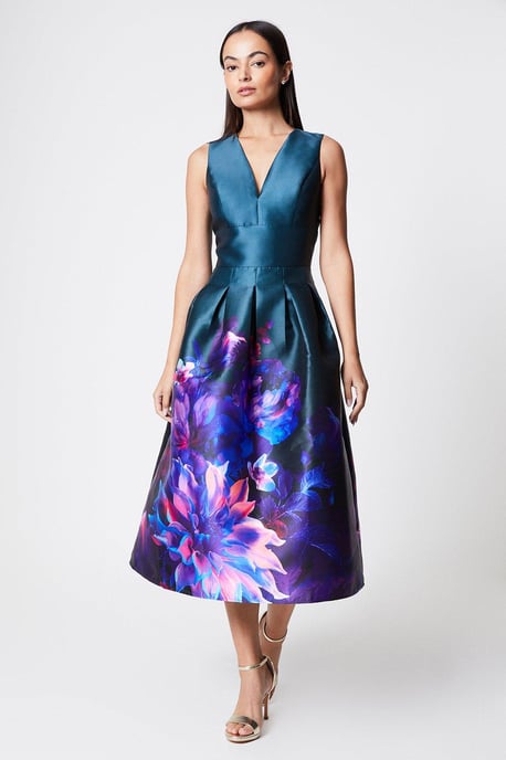 Plunge Neck Twill Dress With Placement Print