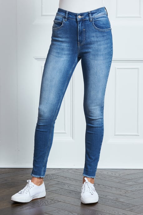Mid Blue Raw Hem Perfect Skinny Jeans