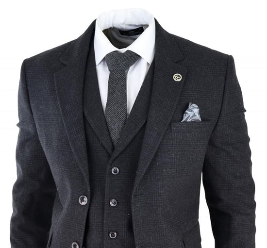 Mens Black 3 Piece Tweed Suit Peaky Blinders 1920s Gatsby Classic Tailored Fit - Image 3