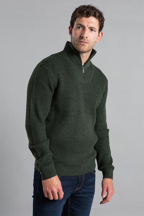 Olive Waffle Knit Jumper With 1/4 Zip Funnel Neck