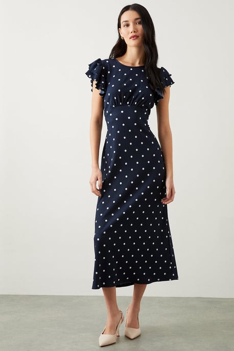 Navy Spot Print Ruffle Sleeve Empire Midi Dress - Image 1