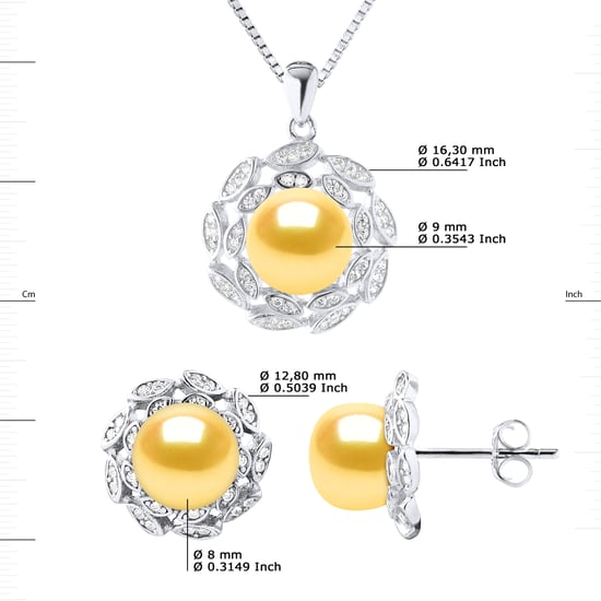 Adornment Necklace & Earrings FLOWER Sweet Water Beads Golden 9-10 mm 925
