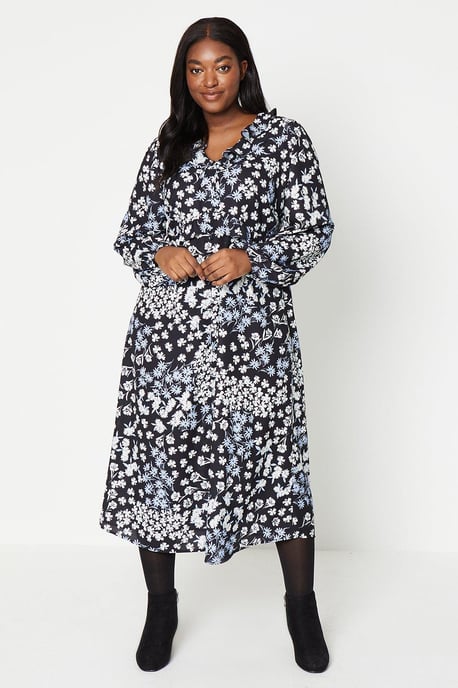 Curve Floral Button Front Ruffle Midi Dress