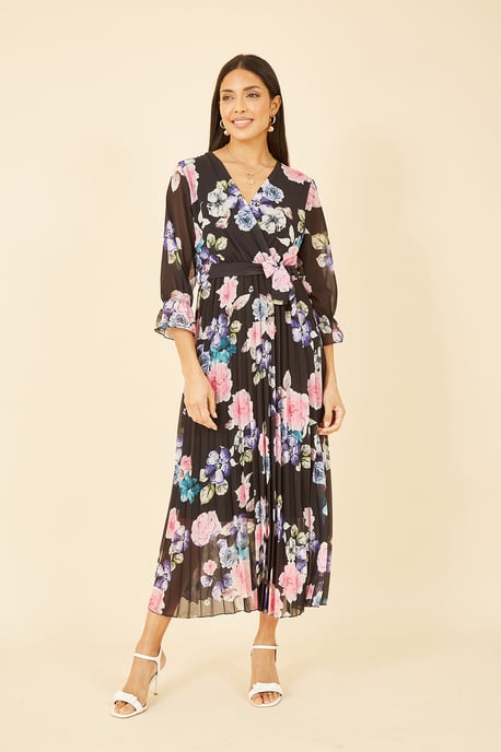 Yumi Black Floral Pleated Wrap Midi Dress