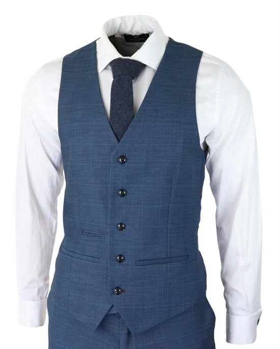 Mens 3 Piece Blue Suit Prince Of Wales Check Classic Light Tailored Fit Modern - Image 4